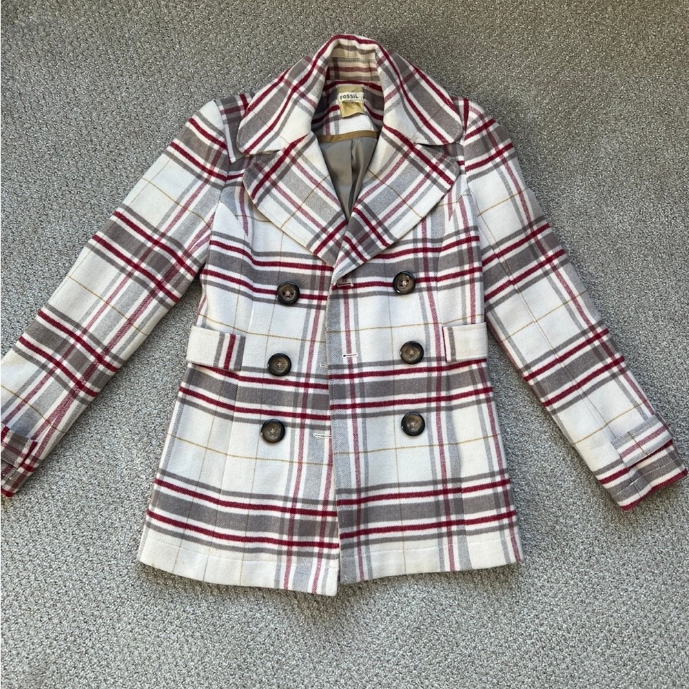 Fossil Red and White Plaid Pea Coat